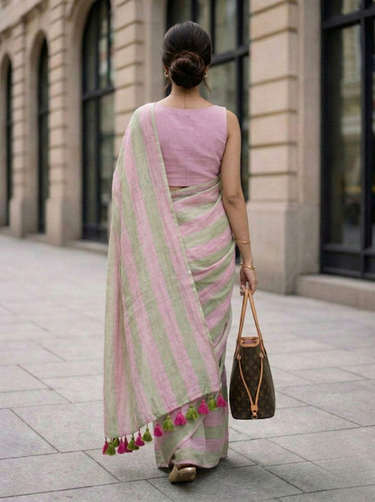 Cassata - Pink Green Striped Mulmul Cotton Saree