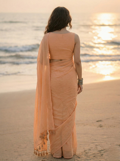 Dusty Rose - Plain Beige Mul Cotton Saree