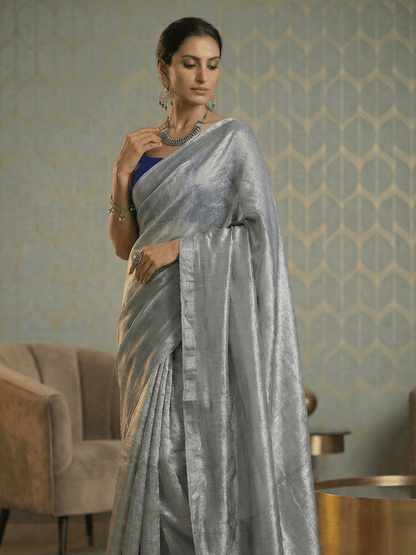 Silver Handloom Linen Tissue Saree