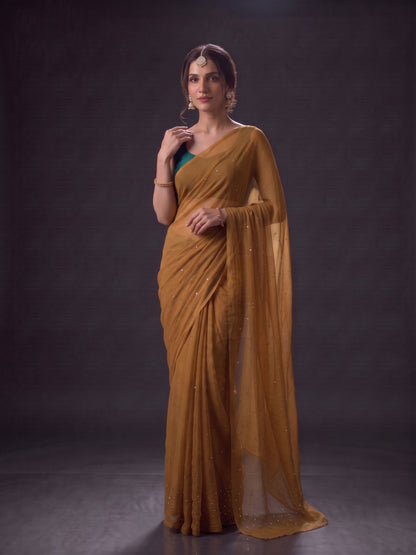 Diva - Olive Green Mukaish Work Pure Chiffon Partywear Saree