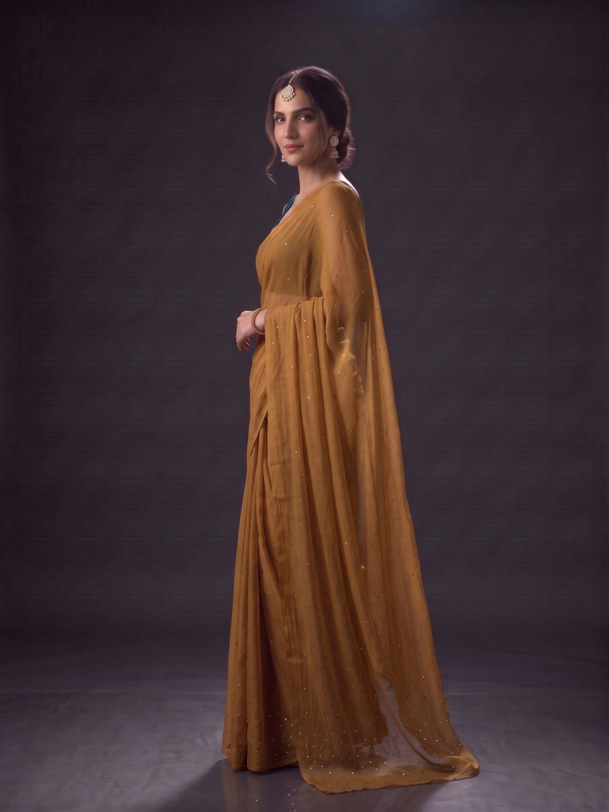 Diva - Olive Green Mukaish Work Pure Chiffon Partywear Saree