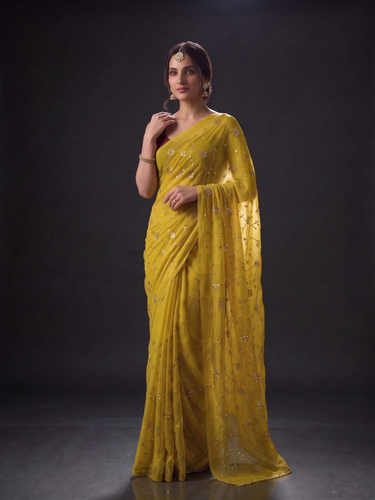 Rendezvous - Yellow Sequin Chiffon Partywear Saree