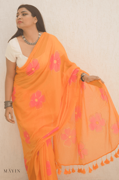 Tangerine Mulmul Saree - Mayin India 