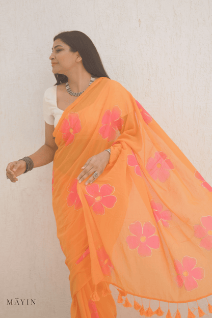 Tangerine Mulmul Saree - Mayin India 