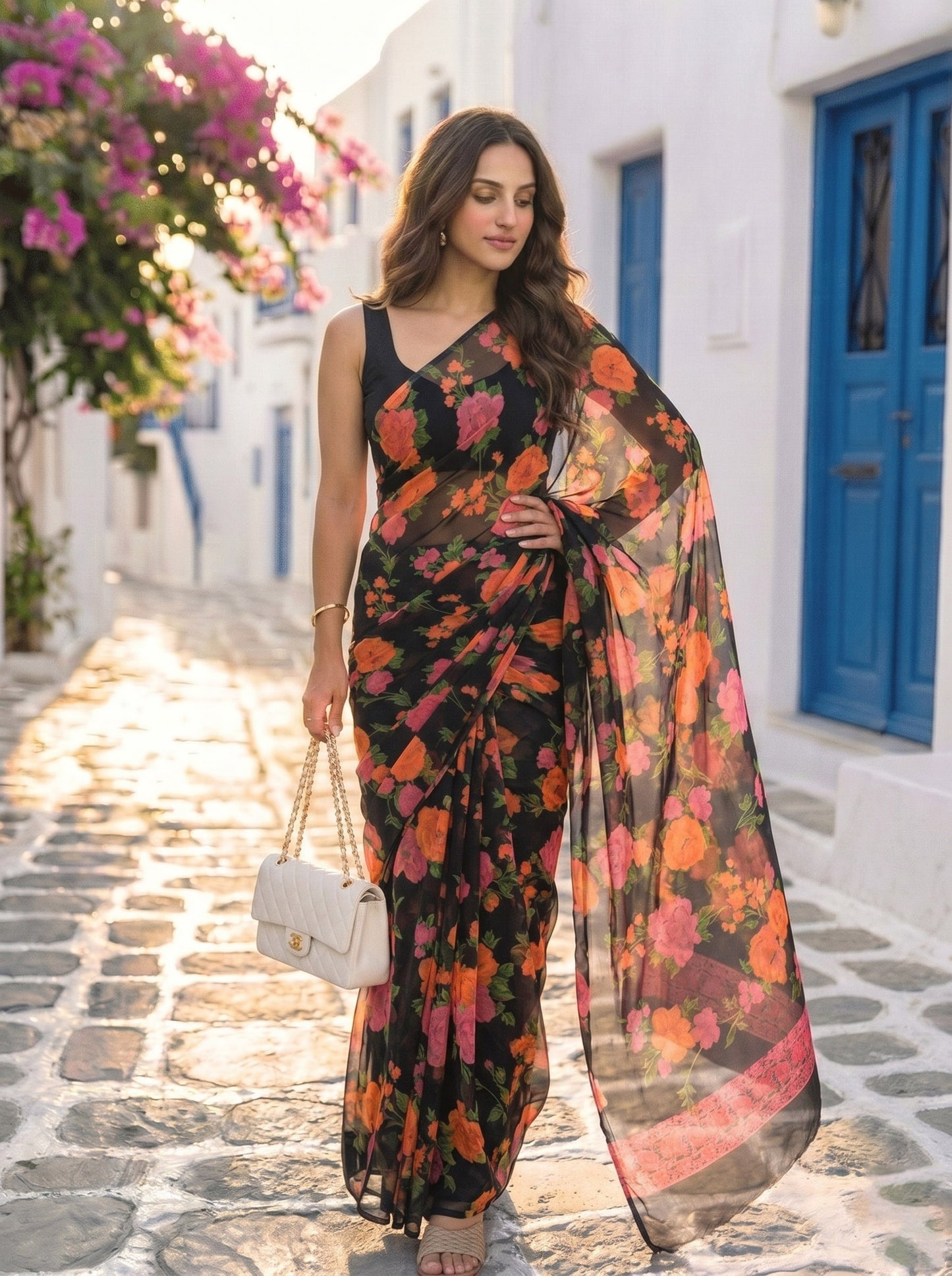 Nyra - Black Floral Print Pure Chiffon Saree