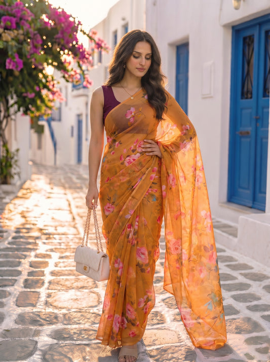 Sunlit Rose - Mustard Floral Print Pure Chiffon Saree