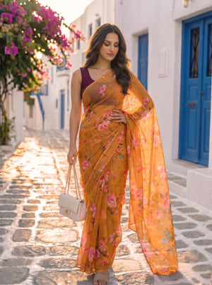 Sunlit Rose - Mustard Floral Print Pure Chiffon Saree