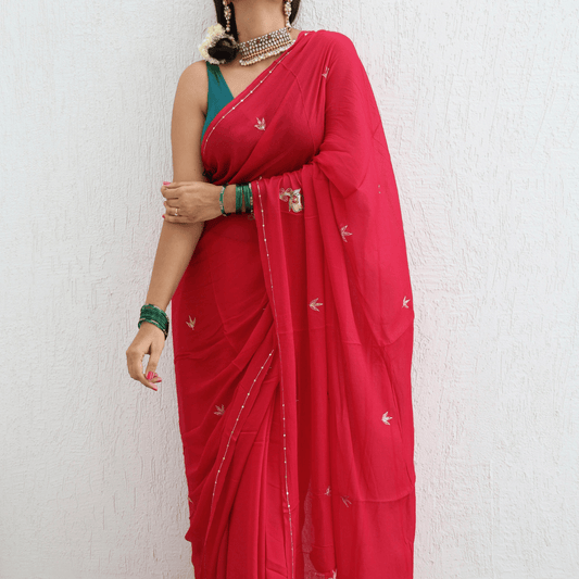 Ripe Cherry Pure Handembroidered Chiffon Saree