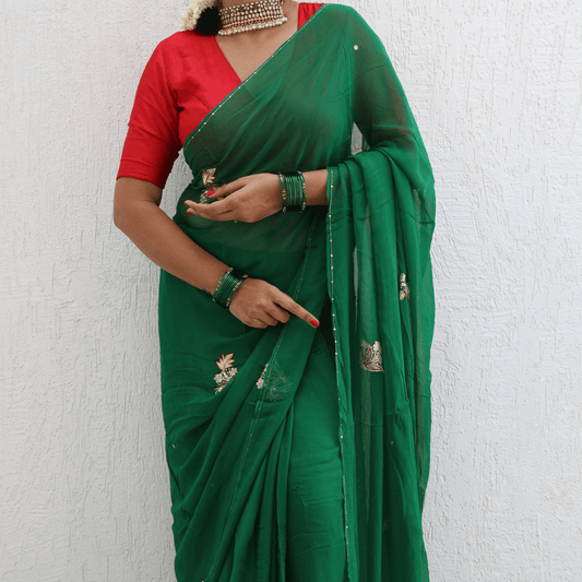 Evergreen Pure Handembroidered Chiffon Saree