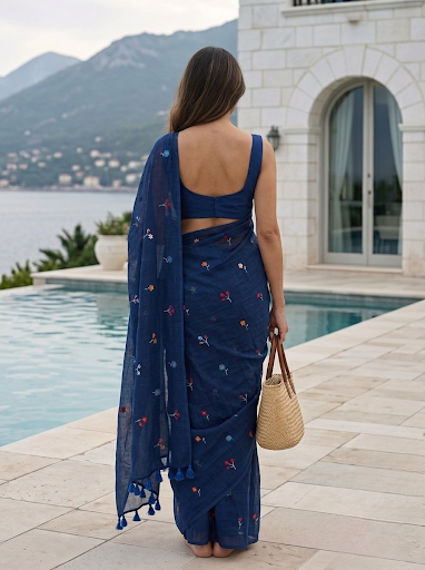 Gardenalia Royal Blue - Embroidered Mulmul Cotton Saree