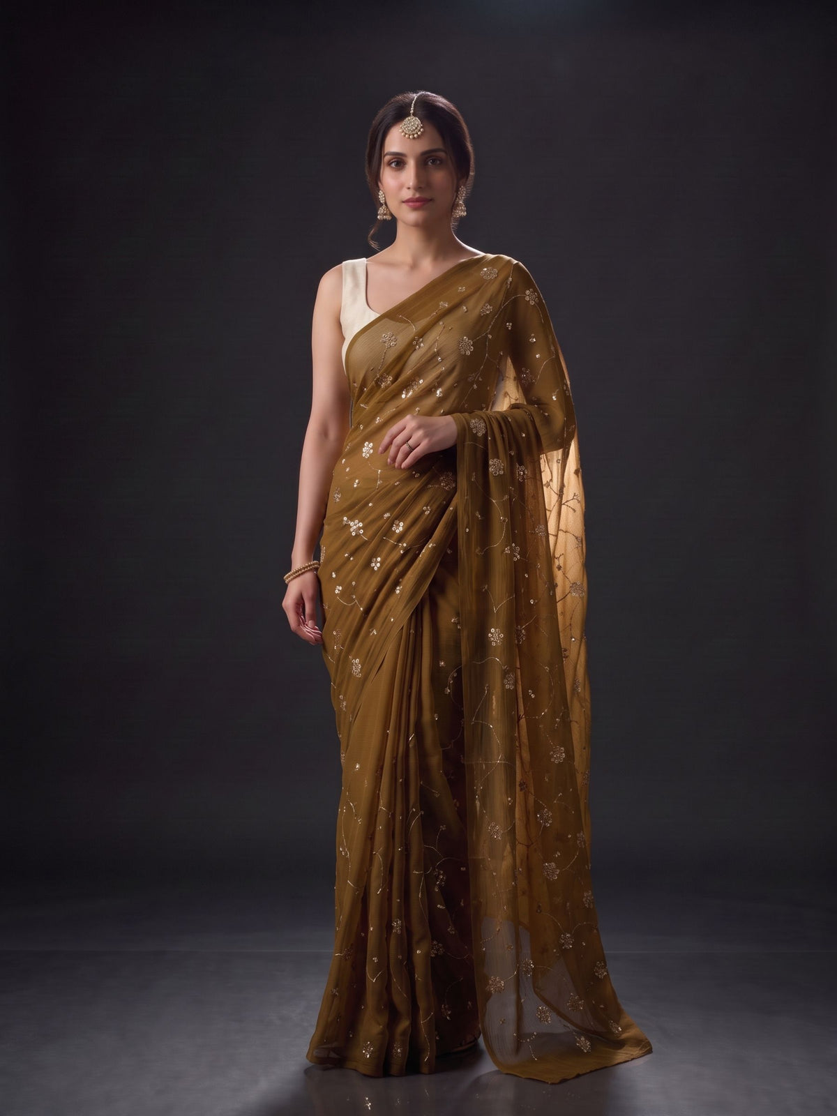 Enigma - Dark Olive Green Sequin Chiffon Partywear Saree
