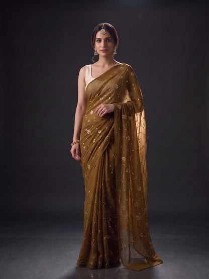 Enigma - Dark Olive Green Sequin Chiffon Partywear Saree