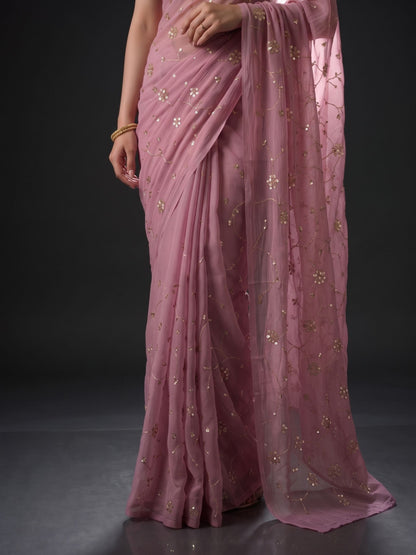 Socialite - Old Rose Sequin Chiffon Partywear Saree