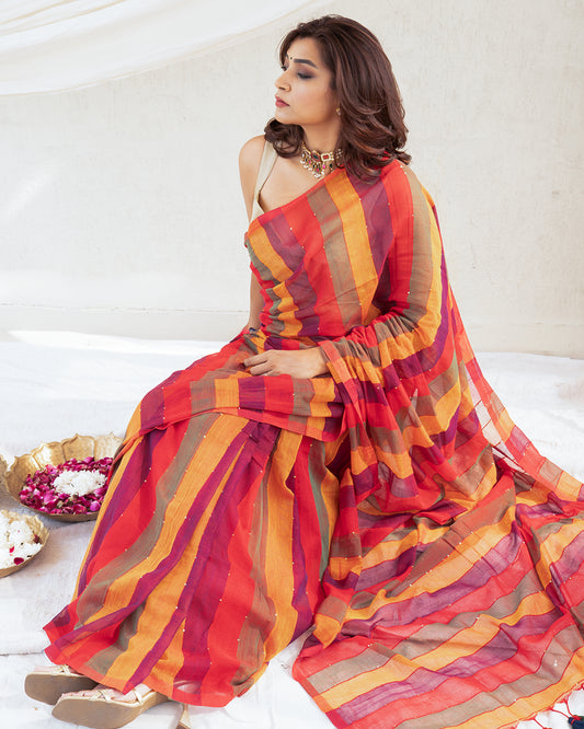 Tisya - Multicolour Striped Sequin Saree