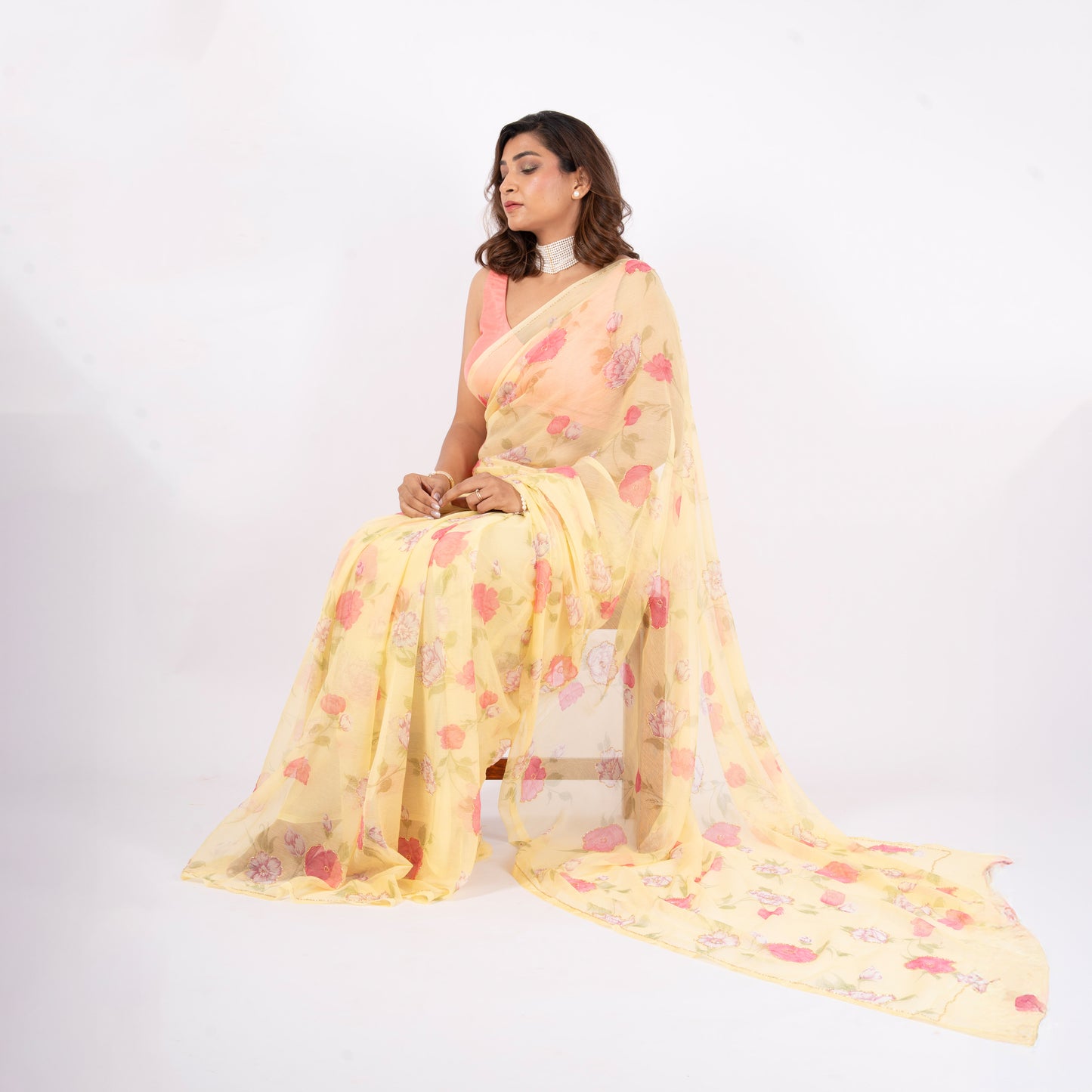 Vintage Yellow Chiffon Saree