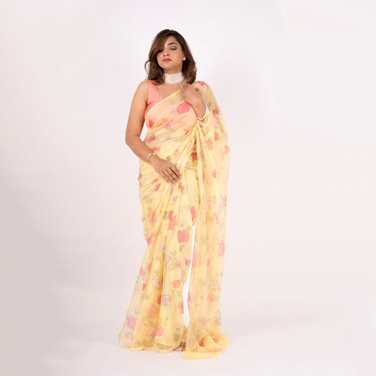 Vintage Yellow Chiffon Saree