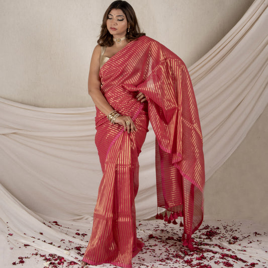 Arohi Gulabi Cotton Zari Saree