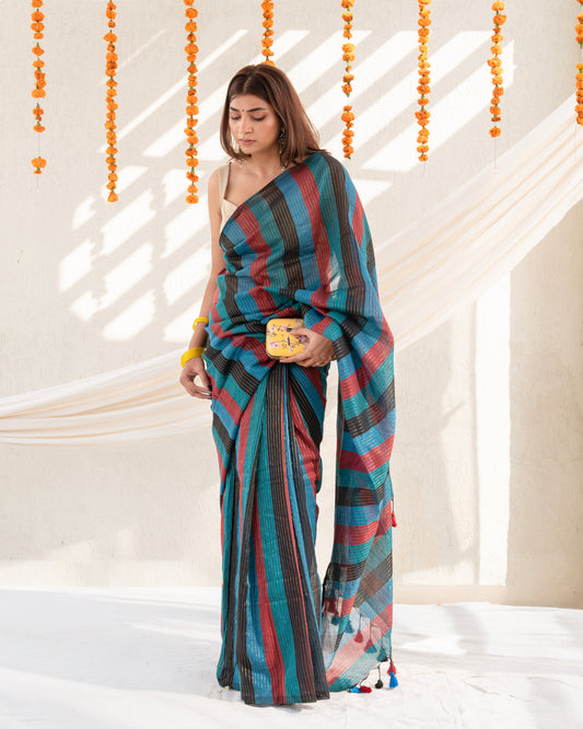 Siyaahi Cotton Zari Stripe Saree