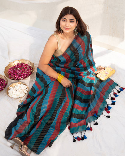 Siyaahi Cotton Zari Stripe Saree