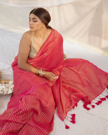 Arohi Gulabi Cotton Zari Saree