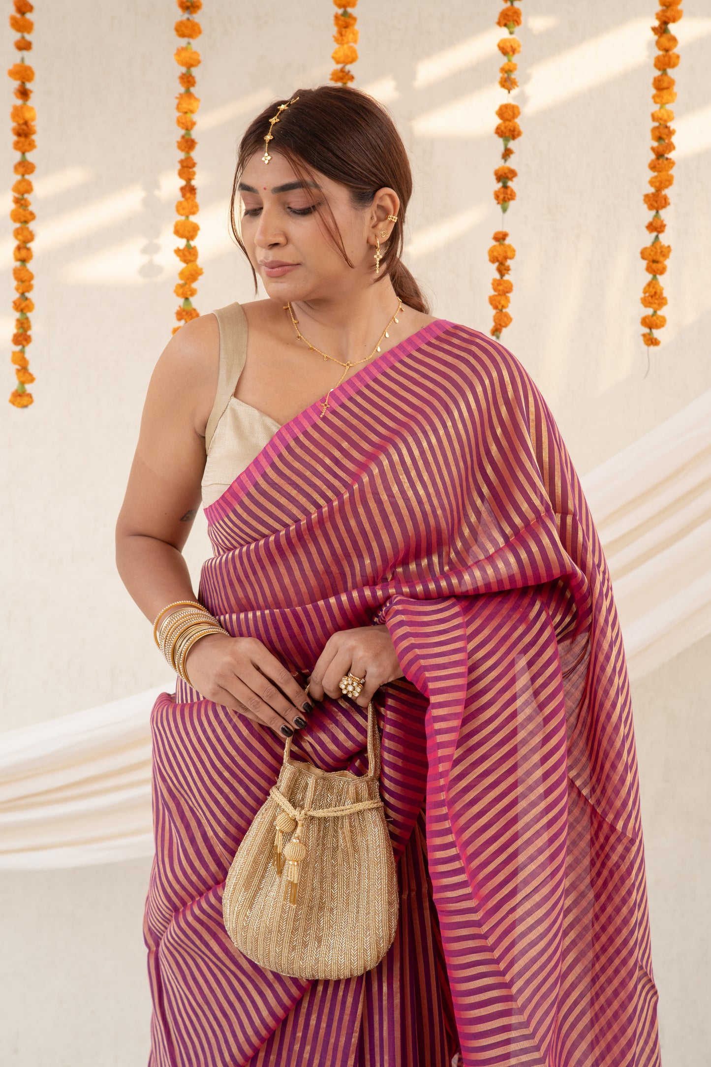 Meera - Magenta Striped Mul Cotton Zari Saree