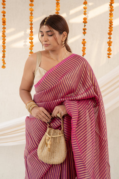 Meera - Magenta Striped Mul Cotton Zari Saree