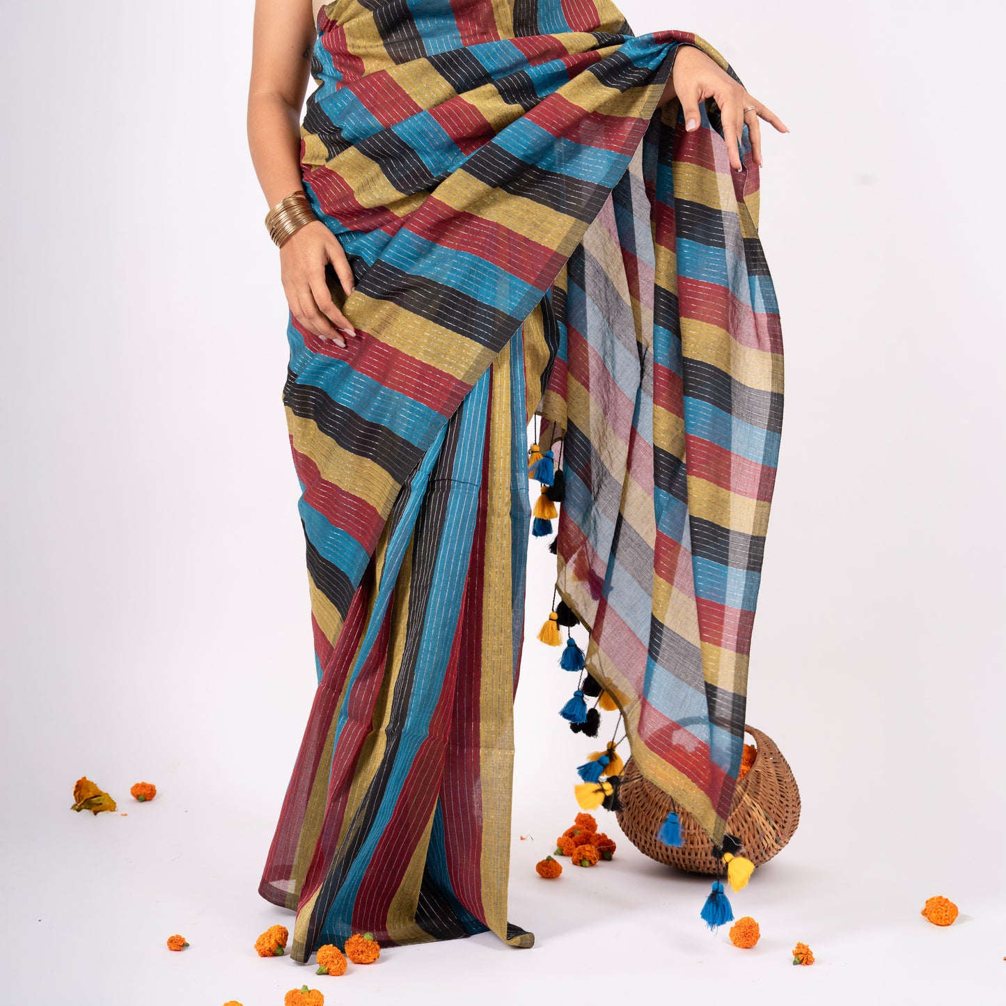 Siyaahi Cotton Zari Stripe Saree