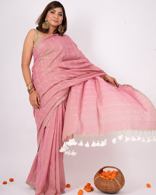 Woman wearing a pink saree with a white background