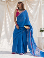 Power Play - Blue Pure Handloom Linen Saree with Zari Border