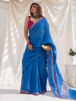 Power Play - Blue Pure Handloom Linen Saree with Zari Border