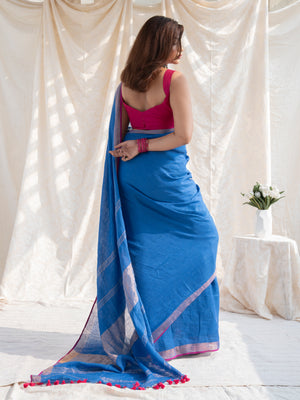Power Play - Blue Pure Handloom Linen Saree with Zari Border