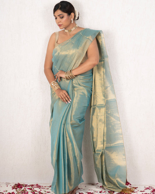 Woman wearing a light blue saree with a white background