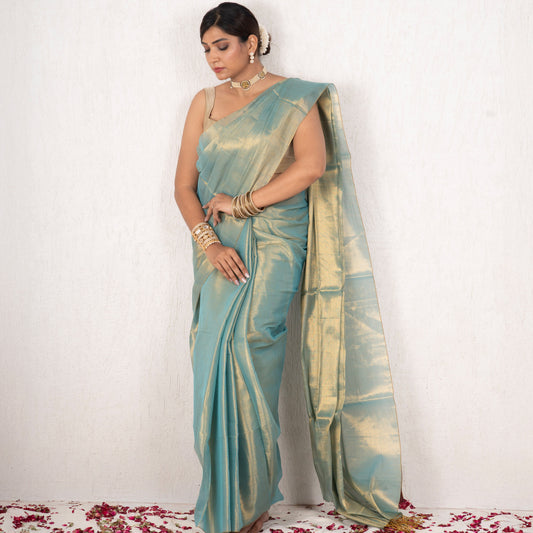 Woman wearing a light blue saree with a white background