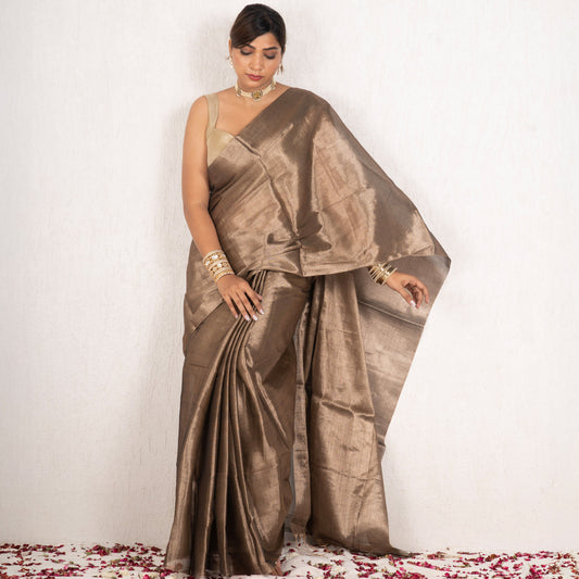 Woman wearing a bronze saree with a plain background