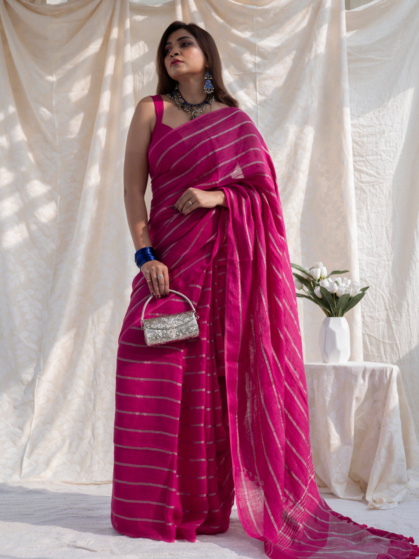 Statement - Pink Striped Pure Handloom Linen Saree with Zari Border