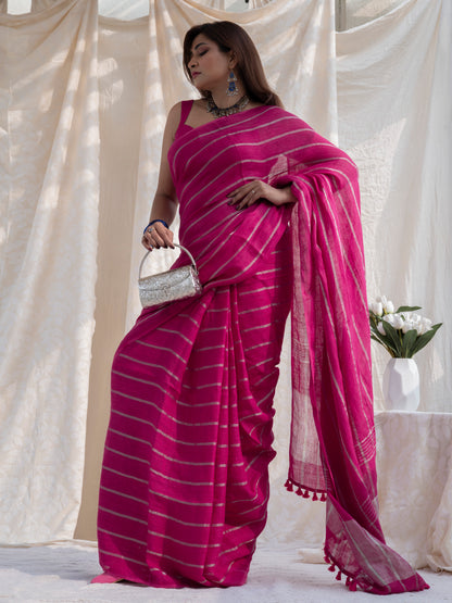 Statement - Pink Striped Pure Handloom Linen Saree with Zari Border