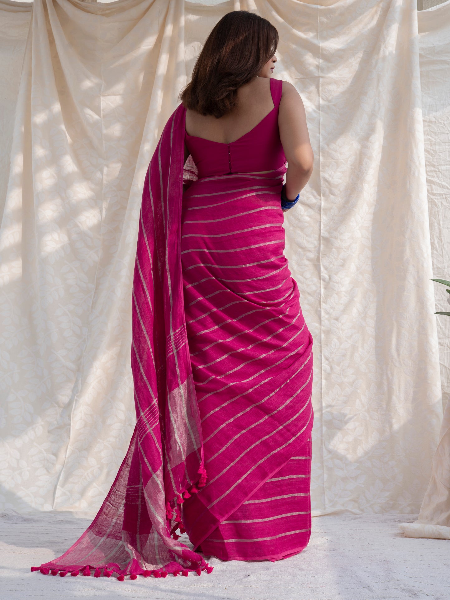 Statement - Pink Striped Pure Handloom Linen Saree with Zari Border