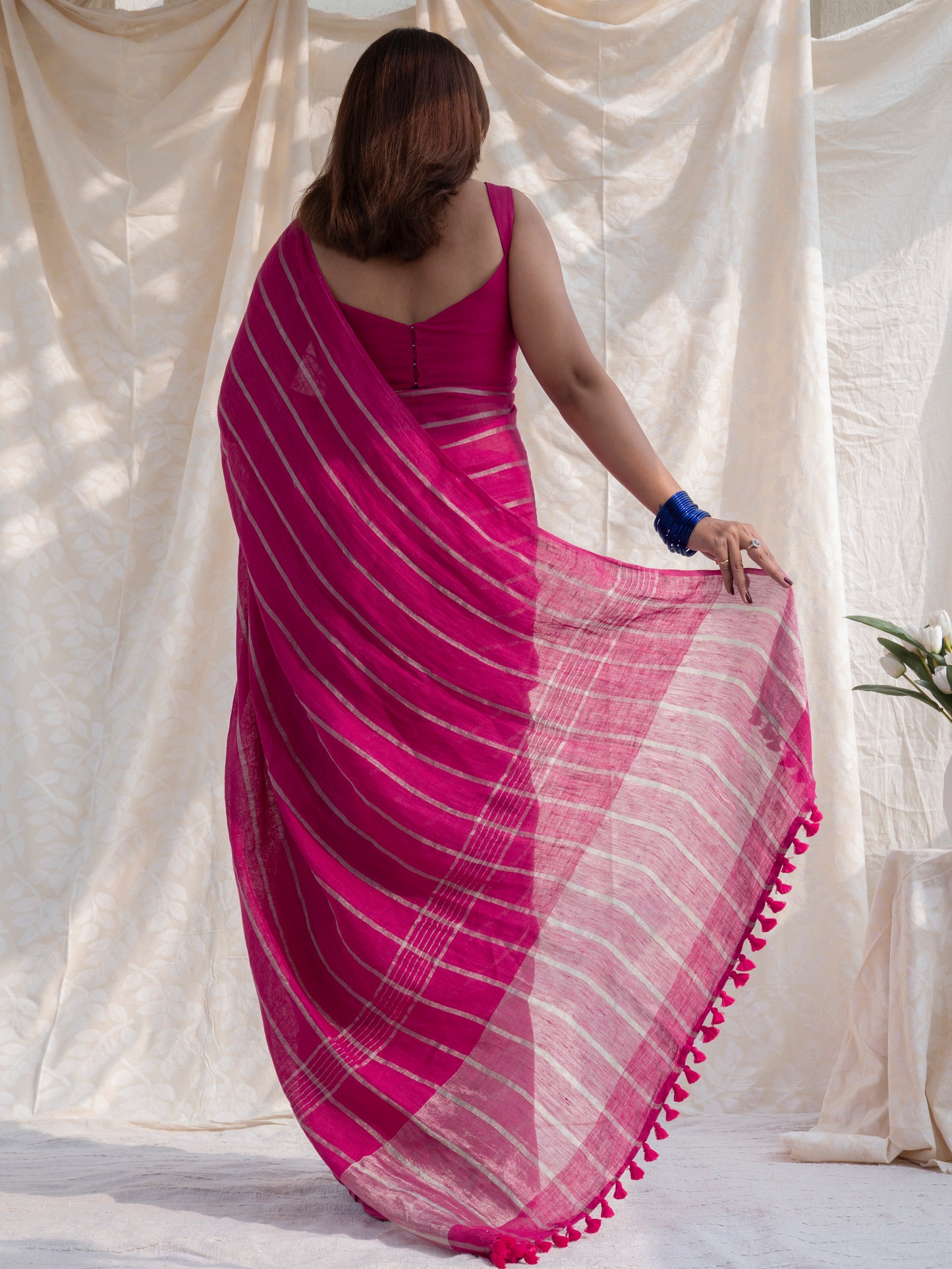Statement - Pink Striped Pure Handloom Linen Saree with Zari Border