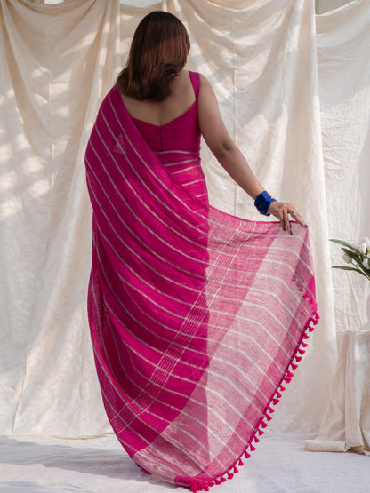 Statement - Pink Striped Pure Handloom Linen Saree with Zari Border