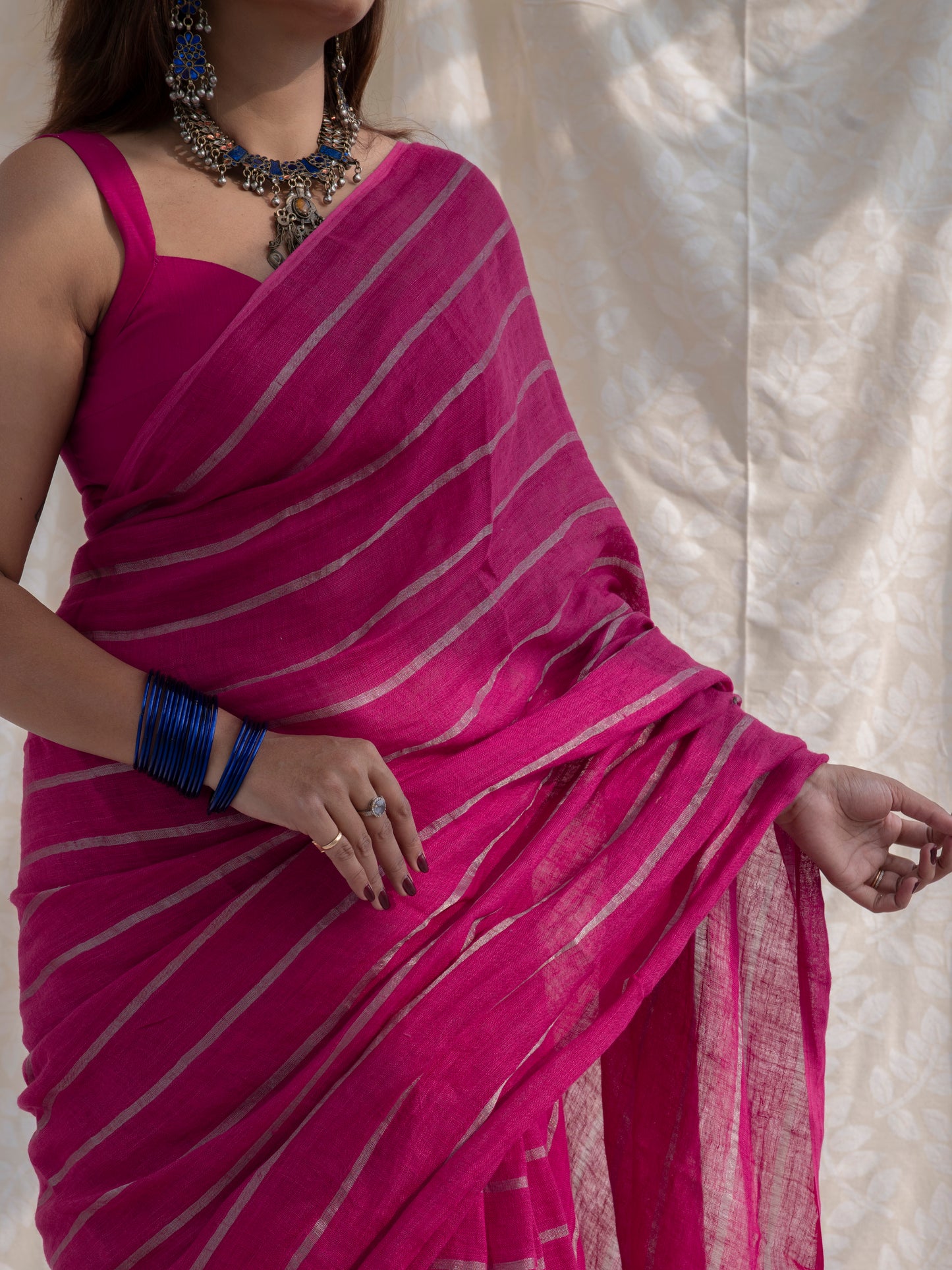Statement - Pink Striped Pure Handloom Linen Saree with Zari Border