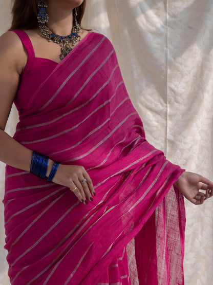 Statement - Pink Striped Pure Handloom Linen Saree with Zari Border