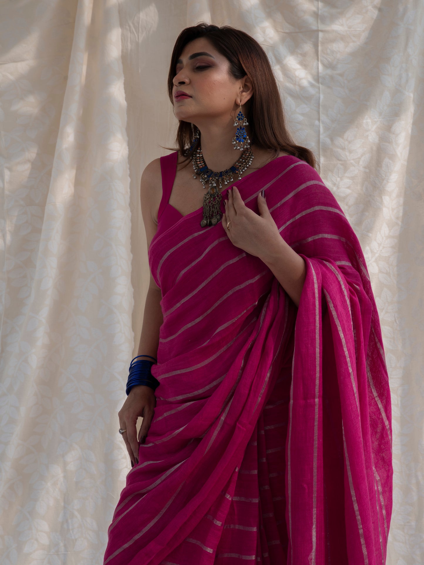 Statement - Pink Striped Pure Handloom Linen Saree with Zari Border
