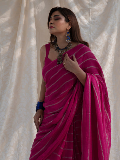 Statement - Pink Striped Pure Handloom Linen Saree with Zari Border