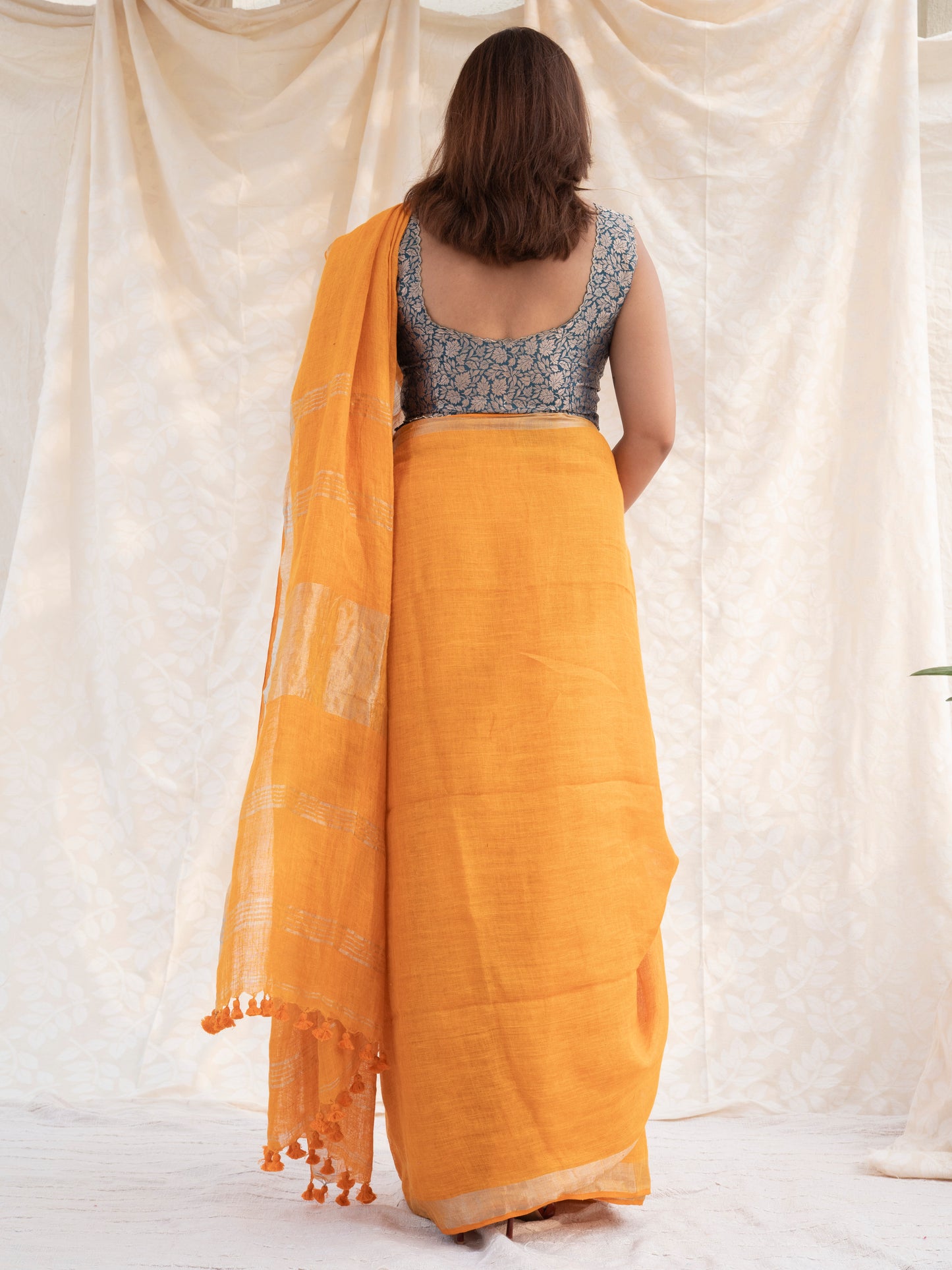 Golden Hour - Mustard Yellow Pure Handloom Linen Saree with Zari Border