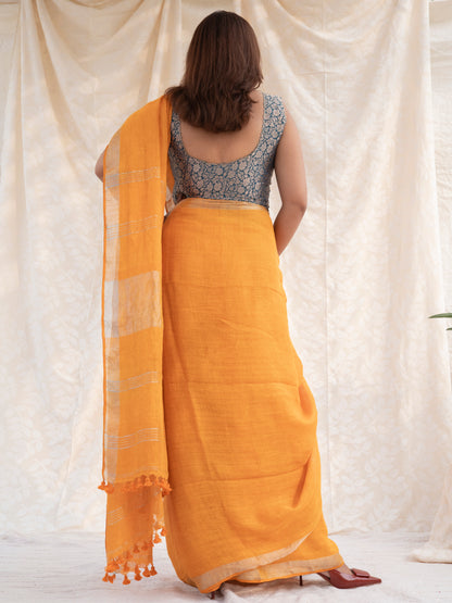 Golden Hour - Mustard Yellow Pure Handloom Linen Saree with Zari Border