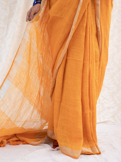 Golden Hour - Mustard Yellow Pure Handloom Linen Saree with Zari Border