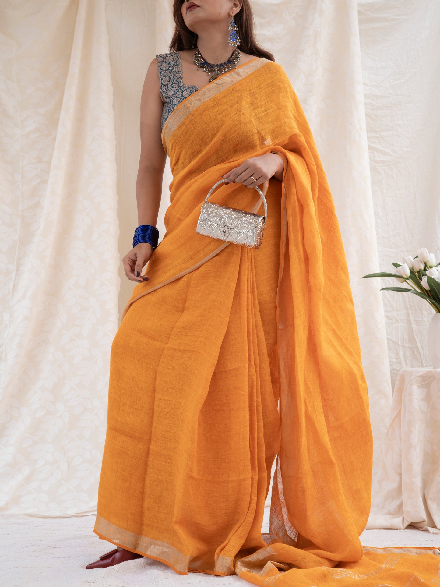 Golden Hour - Mustard Yellow Pure Handloom Linen Saree with Zari Border