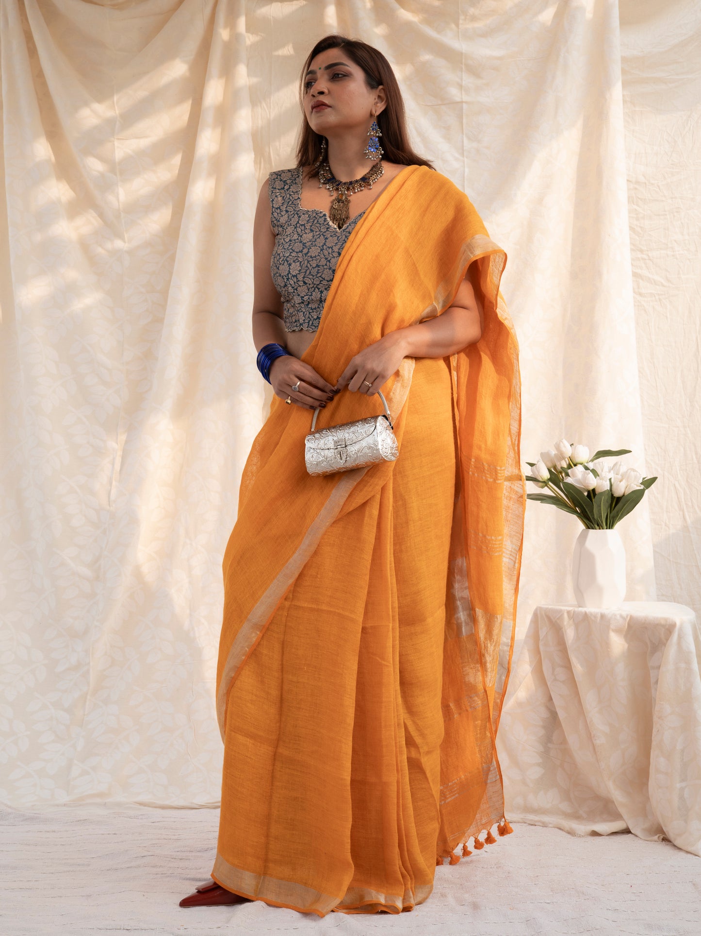 Golden Hour - Mustard Yellow Pure Handloom Linen Saree with Zari Border