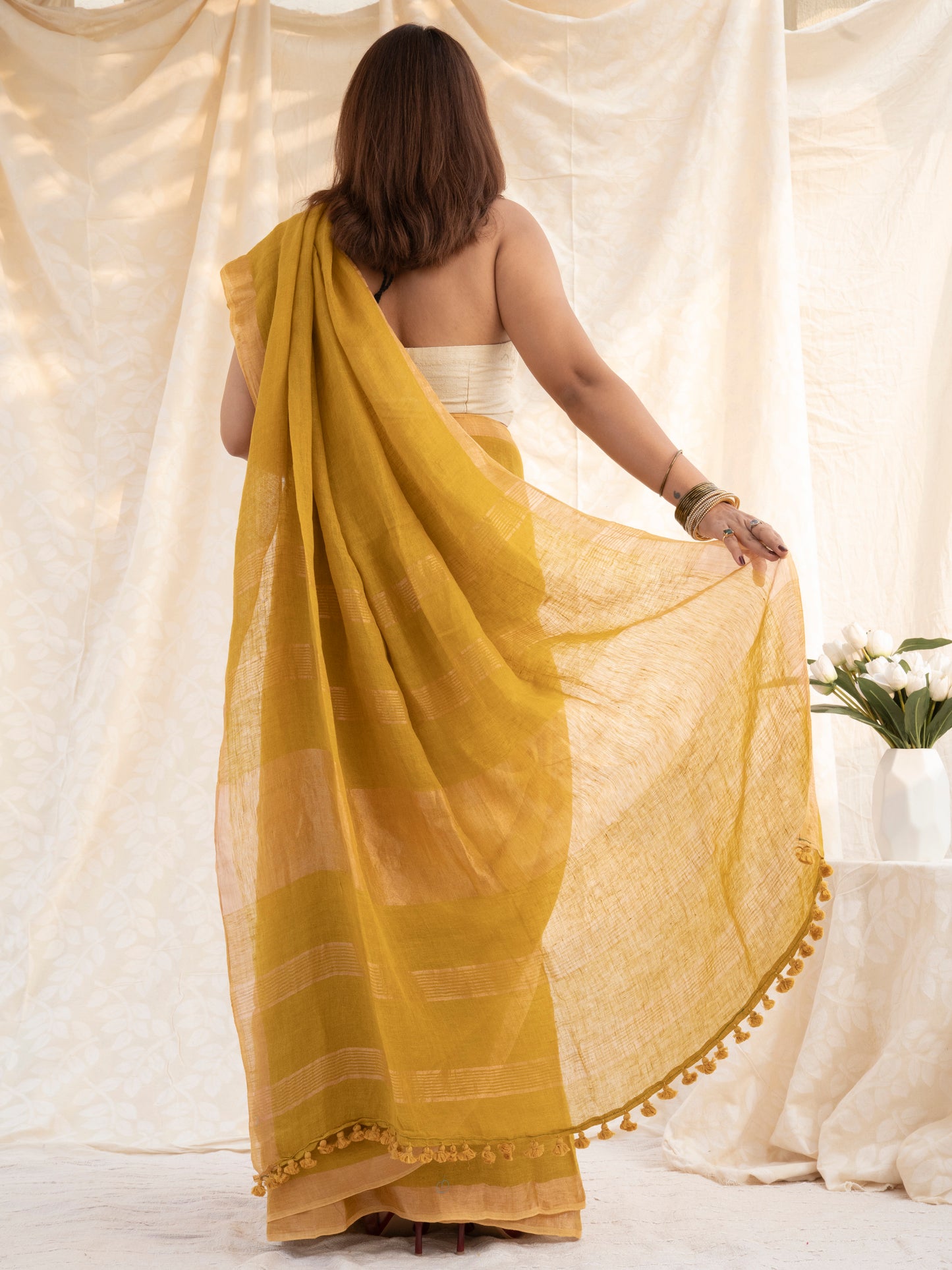 On Repeat - Yellow Handloom Linen Saree with Zari Border