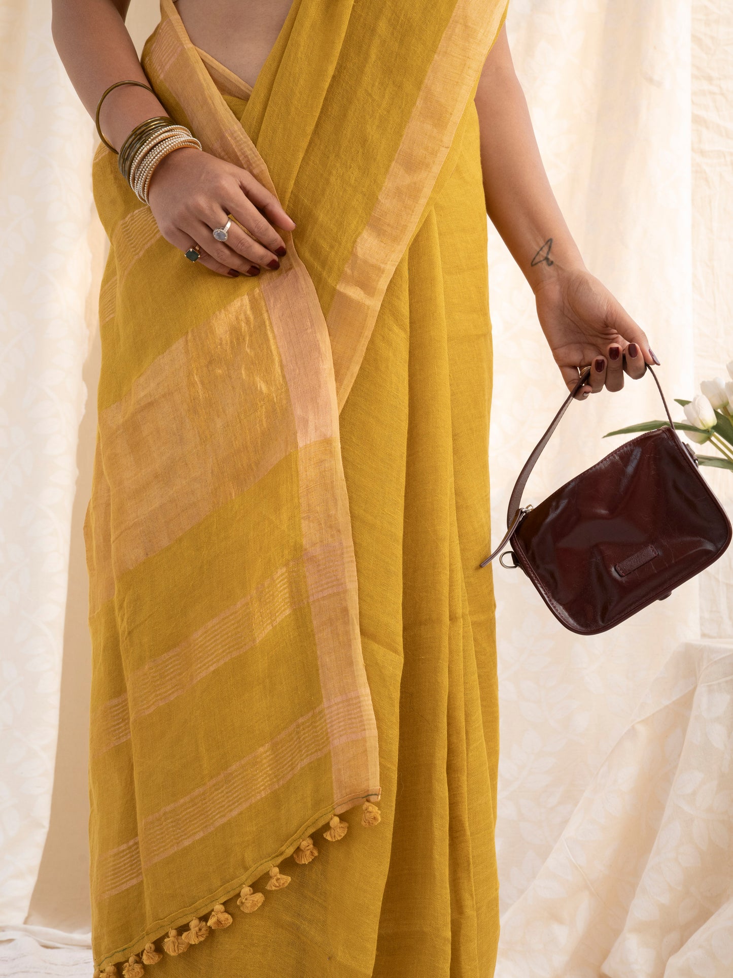 On Repeat - Yellow Handloom Linen Saree with Zari Border